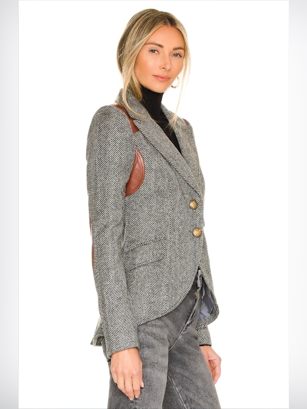 Smythe Rifle-Patch Equestrian Blazer Grey Herringbone 2 XS - Picture 3 of 12